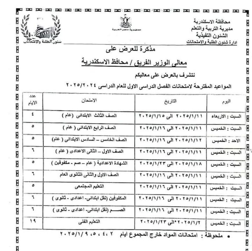 محافظ الإسكندرية يعتمد مواعيد امتحانات الفصل الدراسي الأول